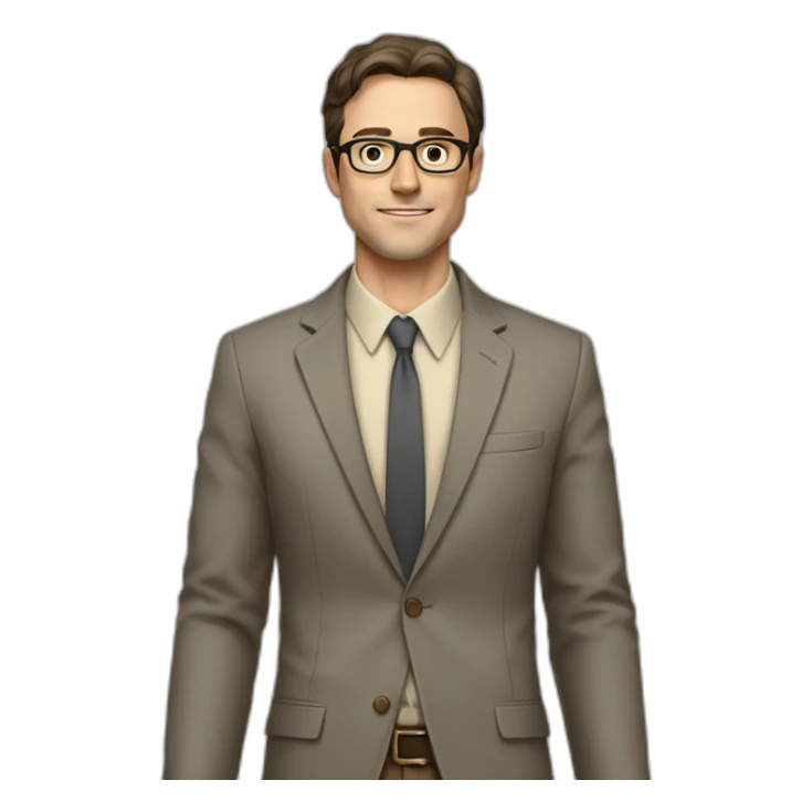 Full height Actively gesturing with hands Pale skinned fit man with dark brown hair in gray jacket, beige office shirt, brown tie, brown pants and vintage glasses. sticker