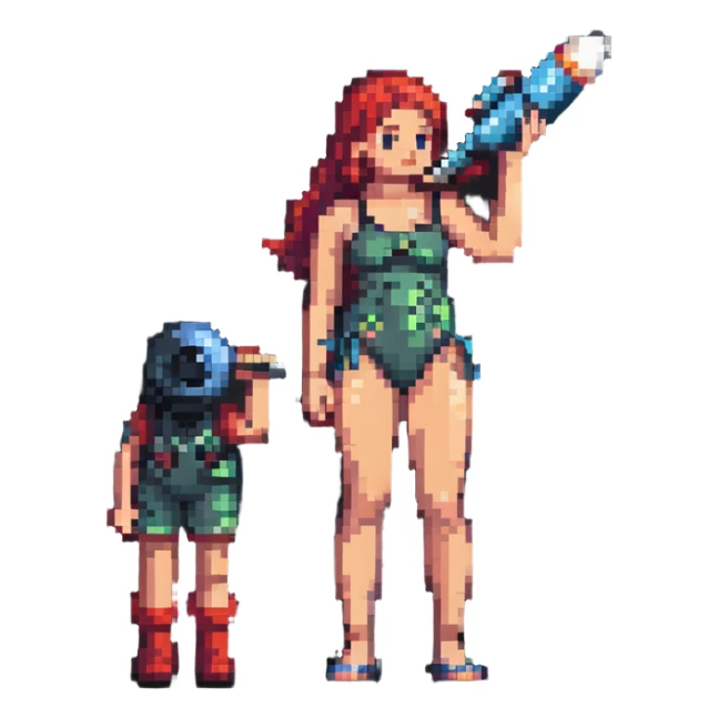 girl in a swimsuit with a telescope and a rocket sticker
