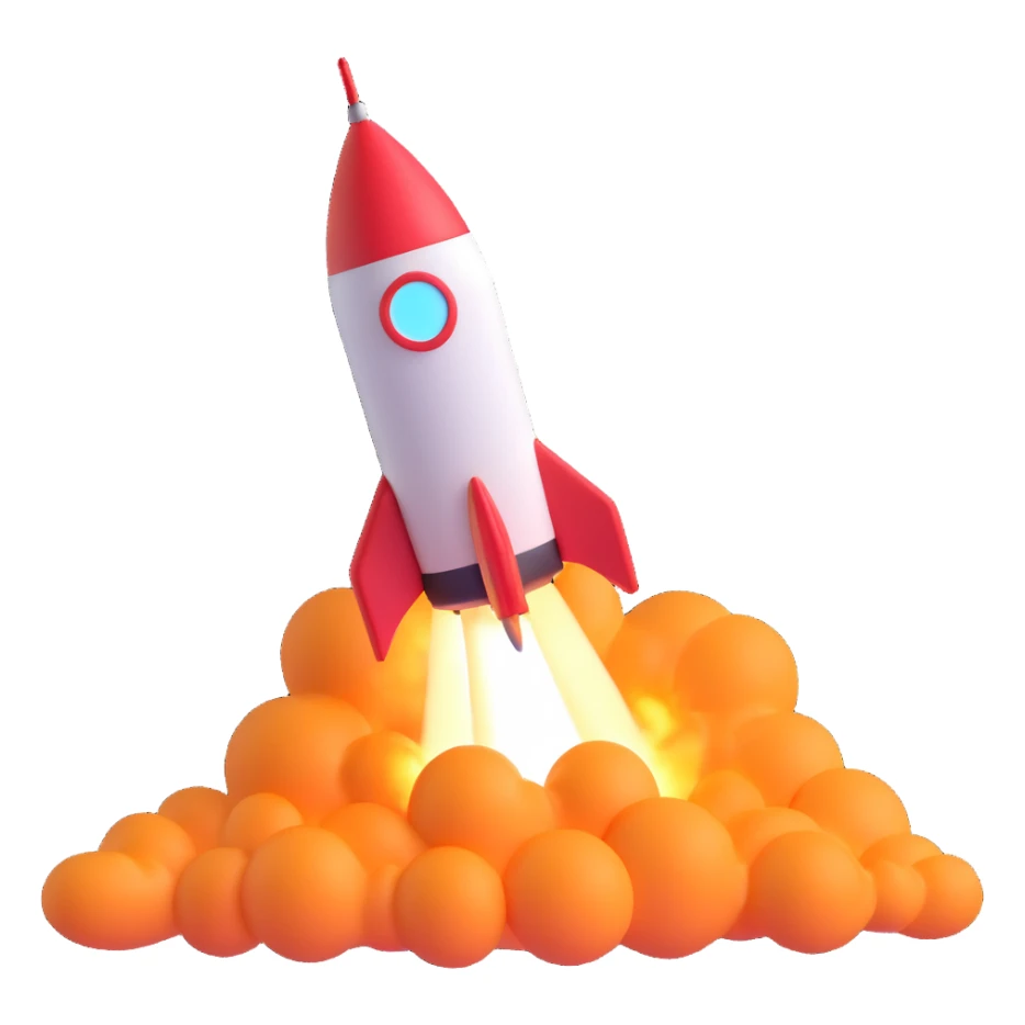 colorful rocket ship blasting off, playful and shiny sticker