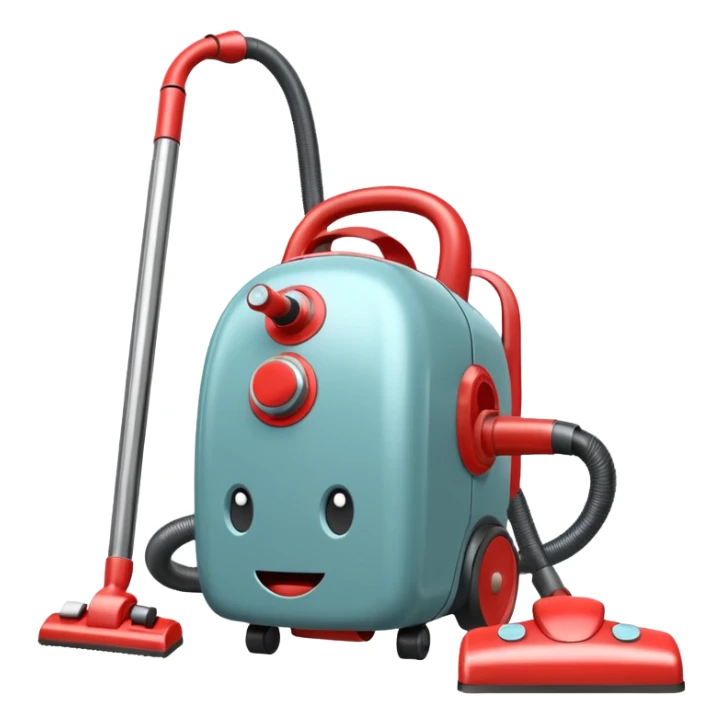 vintage vacuum cleaner cleaning dust from a carpet, old-fashioned design, metal body, visible dust being sucked in, classic household appliance, retro style, 3D cartoon, mobile game icon style, centered, clean background, no people, no animals, no text, no watermark
 sticker