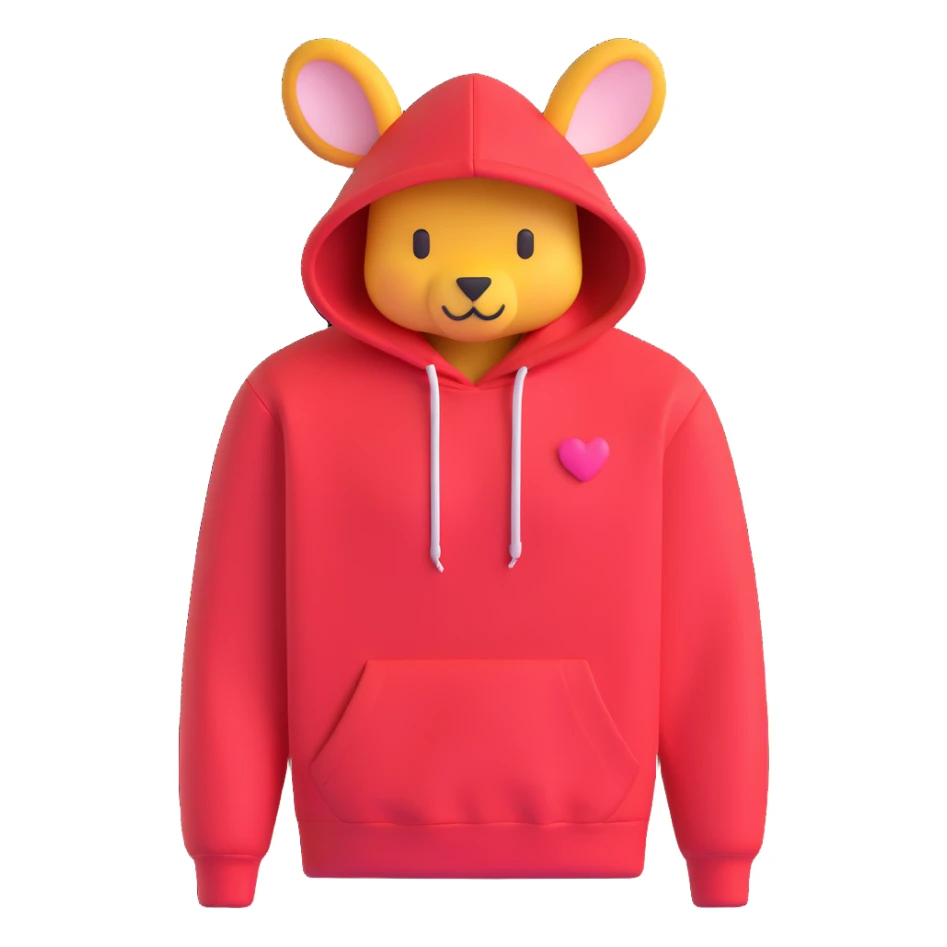 cozy red hoodie with drawstring and kangaroo pocket, with a small heart patch on the chest, 3D emoji style sticker
