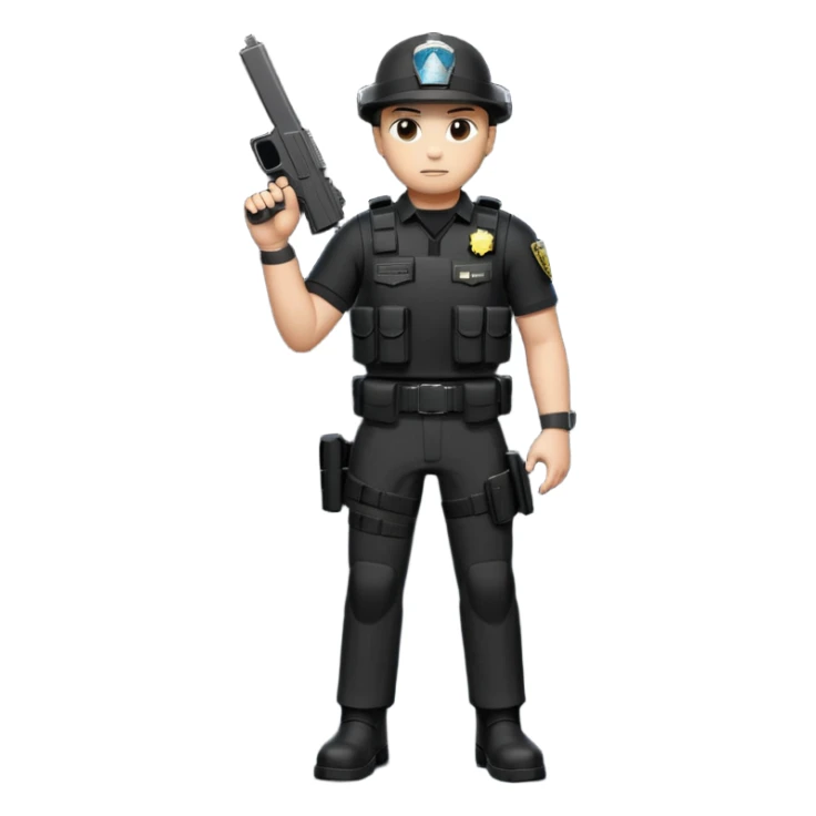 Arm security patrol officer with a Glock 19 standing in the night with full gear, black pants, black shirt, black plate, carrier, black boots, black belt, black holster with a Glock 19 sticker