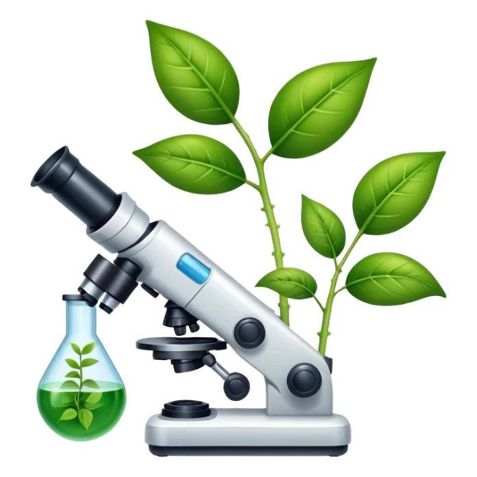 An icon featuring a microscope, a DNA strand, and plant leaves, symbolizing biology. The design includes cells, a test tube with a plant sample, representing life sciences, ecosystems, and the study of organisms. Transparent background highlights the exploration of living systems. sticker
