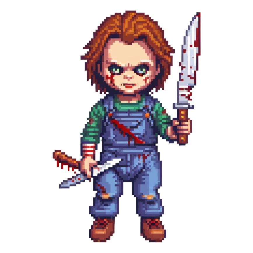 Chucky doll holding a bloody knife, horror style sticker