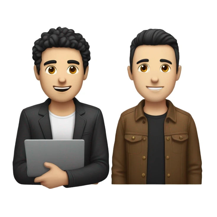 one white guy with black hair with laptop, and one white guy with brown hair with another laptop sticker