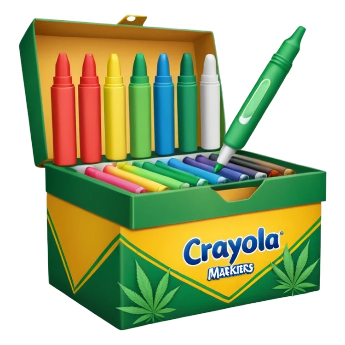 a box of crayola permanent markers with cannabis leaf sticker