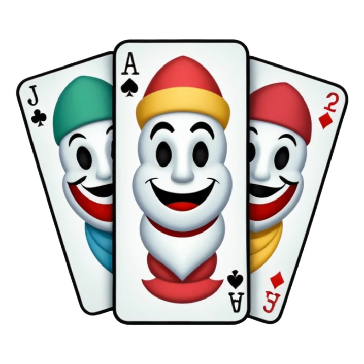3 poker cards, with crazy colorful human jolly jokers inside, inversed face, cuphead style sticker