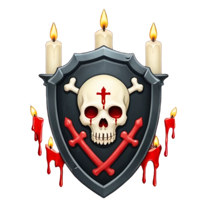 Creepy shield badge, candles, bones, blood dripping, gothic horror design, no background
 sticker