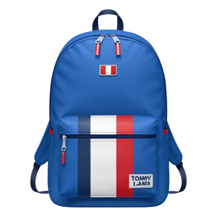 simple blue backpack, at the bottom pocket there is a  logo featuring a Tommy Jeans-inspired logo. The logo looks like a vertical one red, one white. The flag are vertical, not horizontal. Flat

 sticker