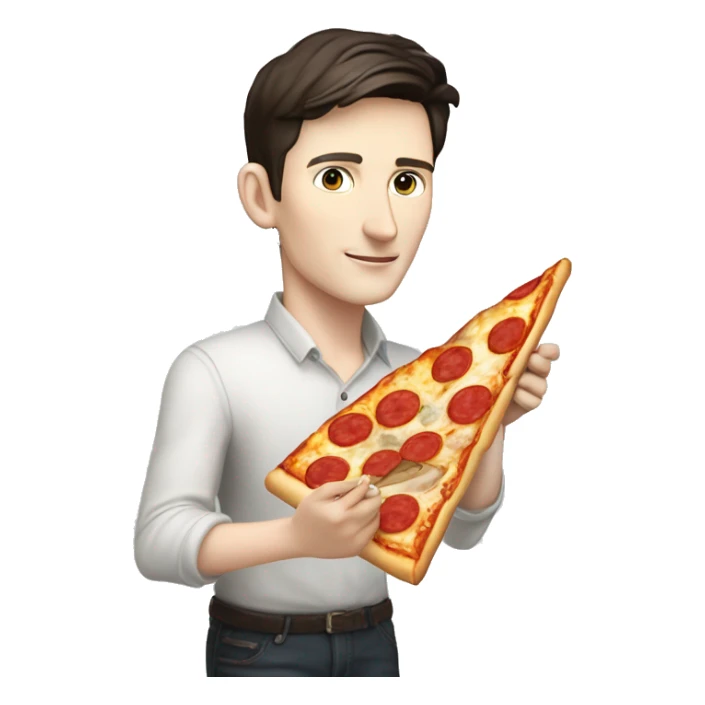 Pavel Durov holding a pizza and writing on top "КУШАТЬ И ТОЧКА" sticker