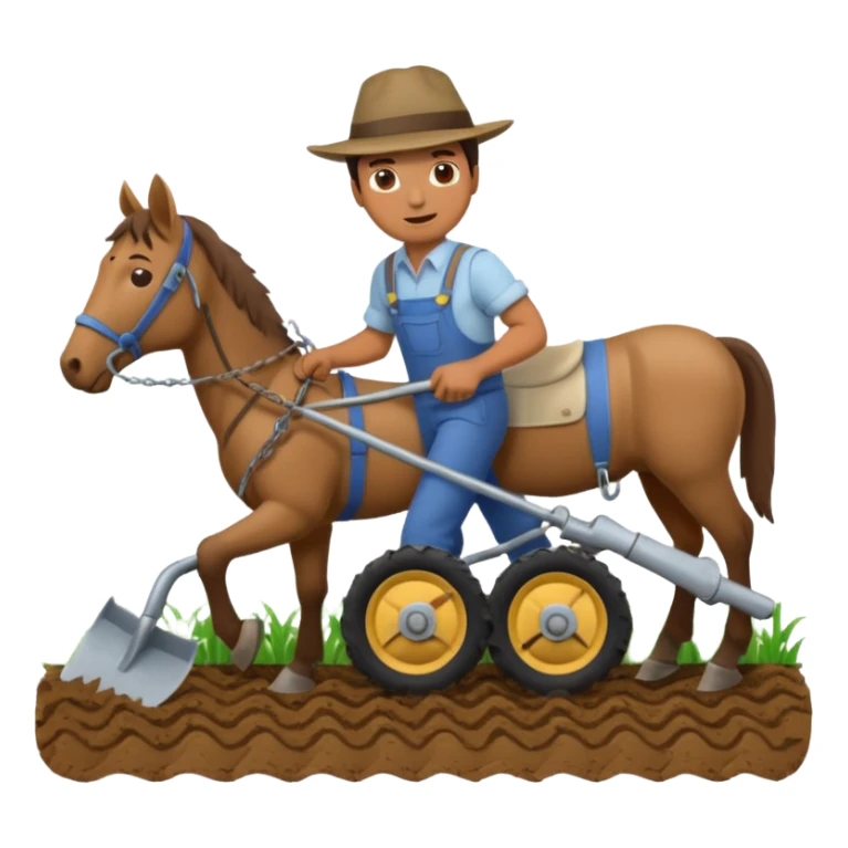 man plowing a field with a plow and a horse, emoji style sticker