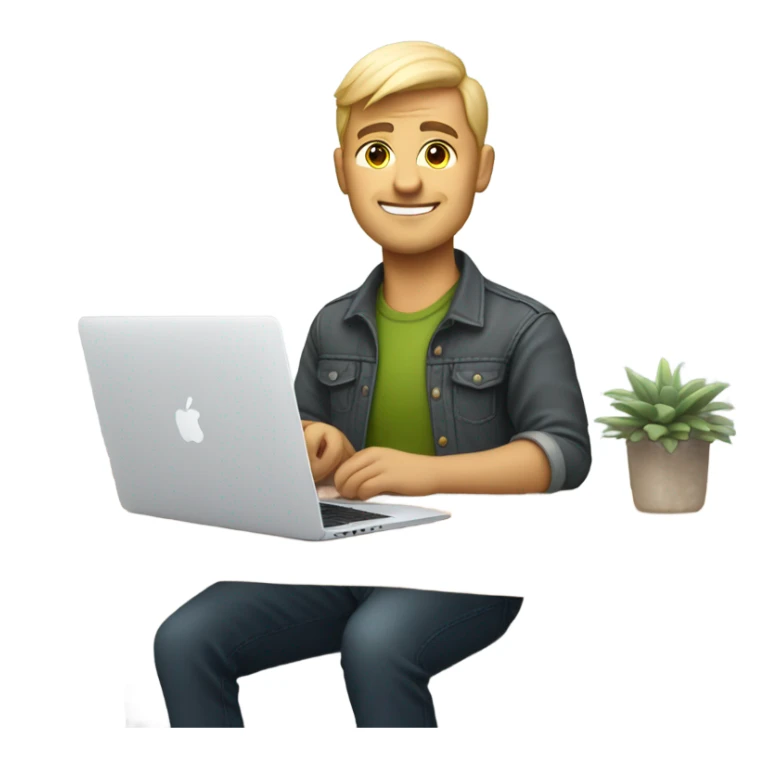white-skinned male product designer sitting with macbook sticker