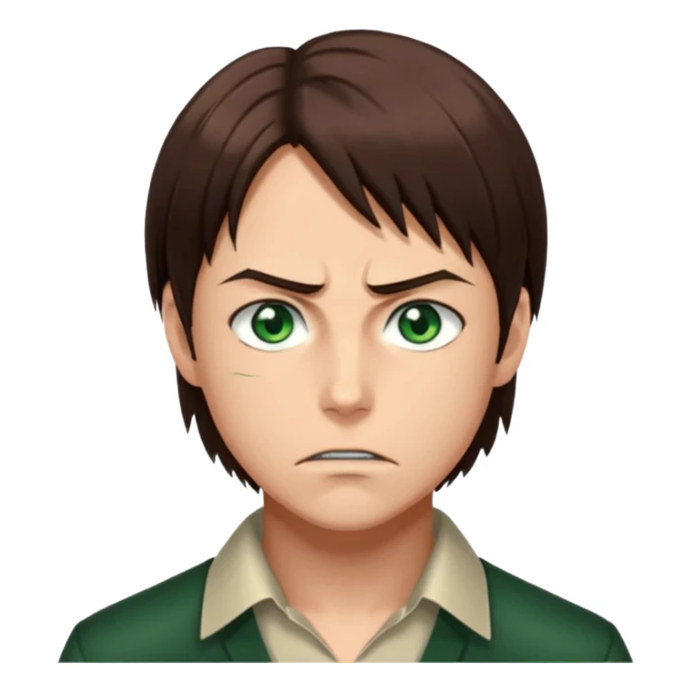 “Create an avatar that looks like Eren Yeager from Attack on Titan, Season 4 — sharp jawline, tied-back long brown hair, intense green eyes. sticker