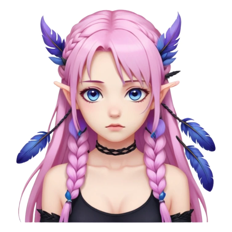 Gorgeous beautiful pretty grumpy anime lady long-pale-pastel-pink-hair with one braid on each side, purple-pink feather-ear-cuffs in hair, black bodysuit, blue eyes, pink iris, ethereal, fashion aesthetic  sticker