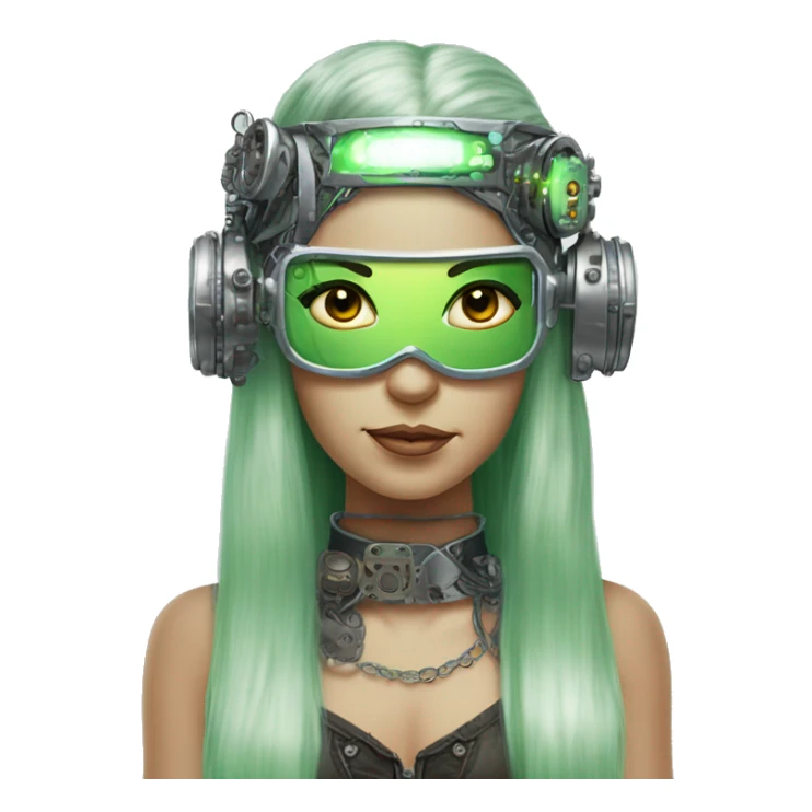 Light green long hair female cyborg head with silver steampunk headband goggles, circuits sticker