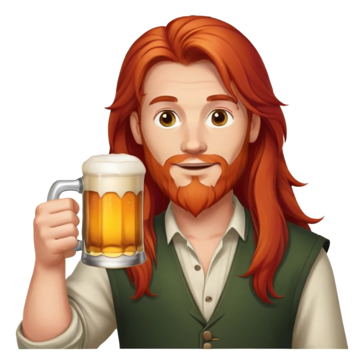 Man with long red hair holding a beer mug sticker