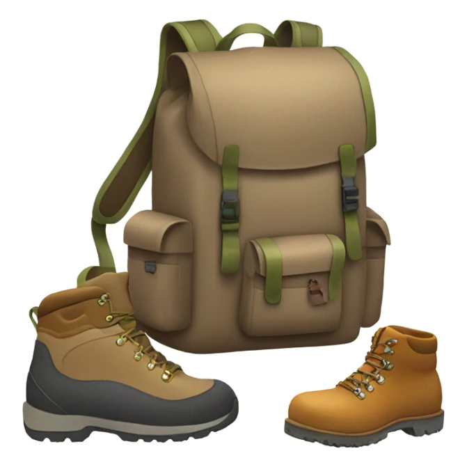 A backpack and boots on a trail with a mountain in the background. sticker