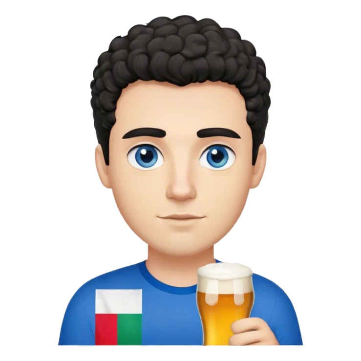 white guy thick eyebrows blue eyes with short curly black hair holding beer wearing a shirt with the italian flag sticker