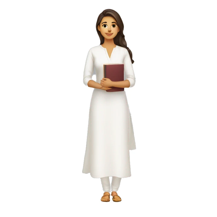 A modern women wearing  simple full white kurti and book in hand sticker