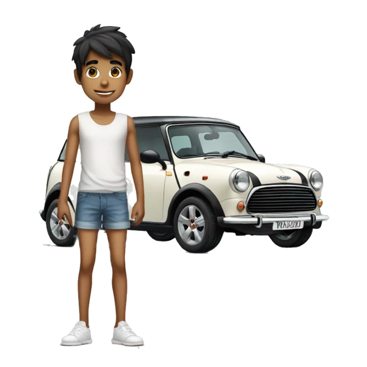 slender indian boy on shorts standing next to a white mini cooper sticker