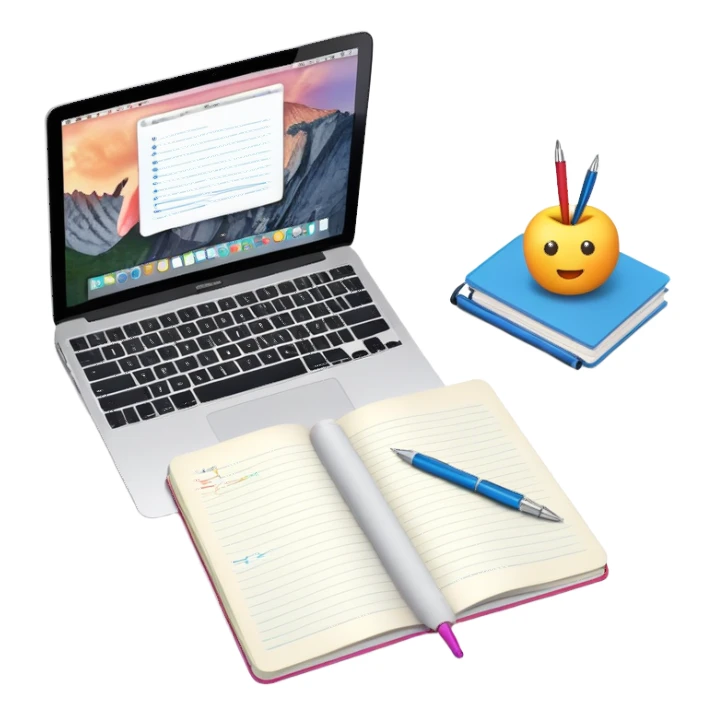 top view of a MacBook and a notebook with a pen nearby, notebook with visible notes sticker