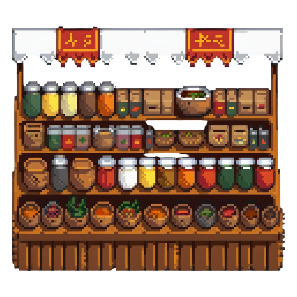 Spice market stall with colorful mounds of different spices sticker