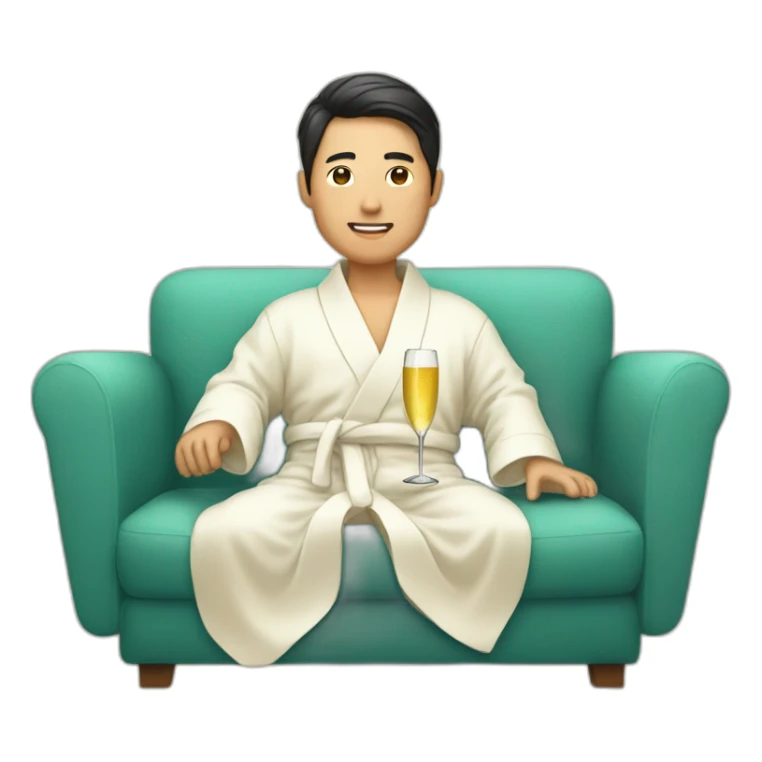 A Korean man in a bathrobe on the sofa with a glass of champagne sticker