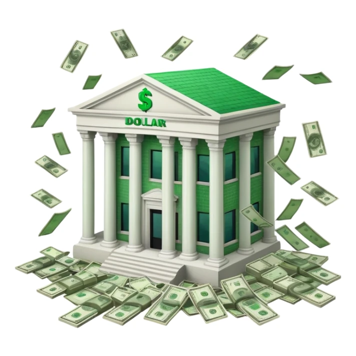 A bank building with dollar bills falling out of it sticker
