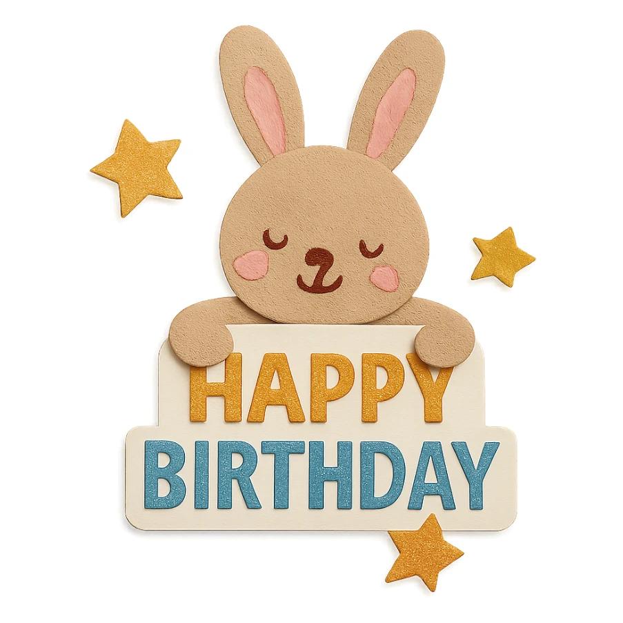 bunny hugging "Happy Birthday" letters with stars, paper-craft style sticker
