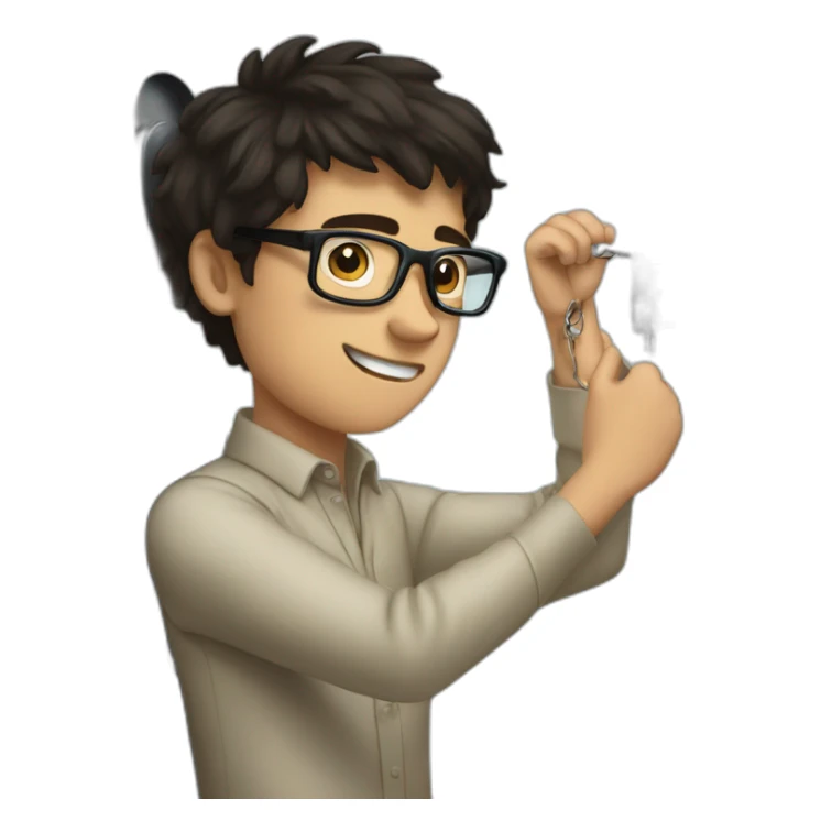 dark-haired young man with glasses struggling to fit a key into a lock sticker