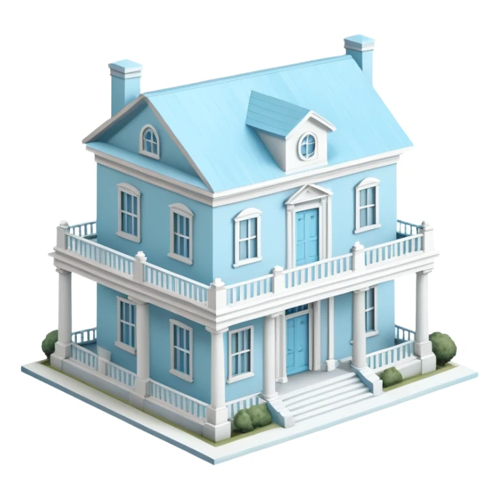 Light blue sorority house mansion, southern, isometric dollhouse-style, realistic sticker