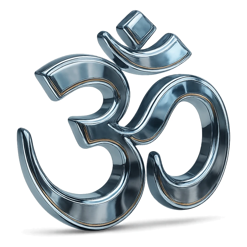 stylized chrome Om symbol with glowing edges and a futuristic look sticker