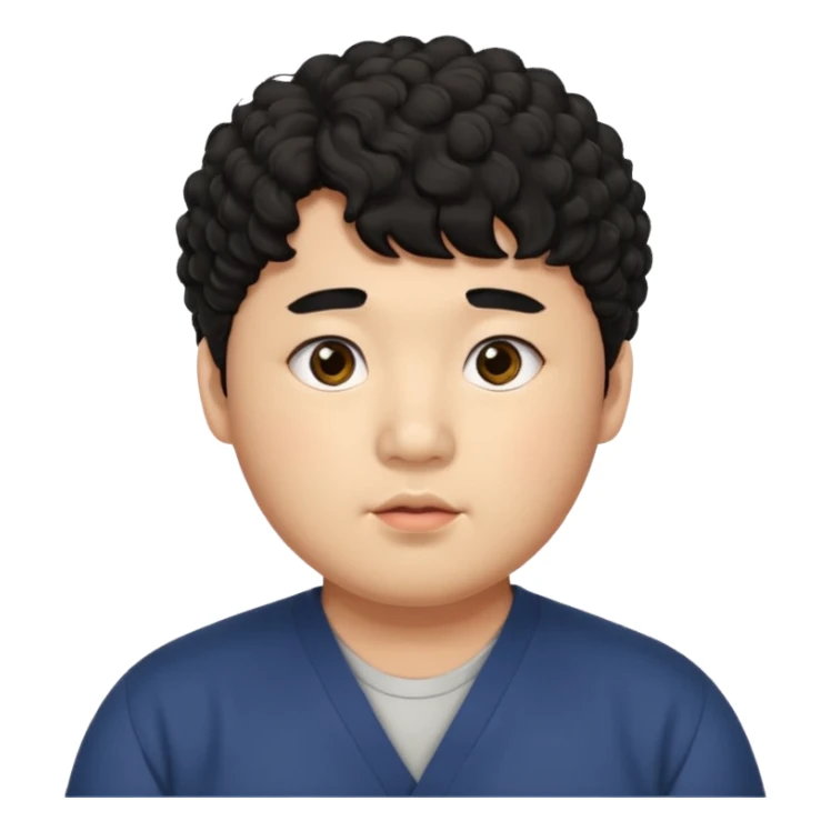 a Korean man in 20s with a curly hair and bangs, chubby cheeks, big monolid eyes , dark eyebrow, sticker