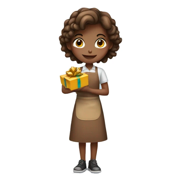 girl in brown apron with gift sticker