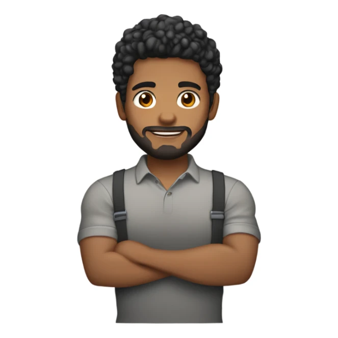 men holding his computer in hands. light brown skin men with curly black hair, dark brown eyes, little grown beard. little bit muscular. dressed casual. round face. sticker