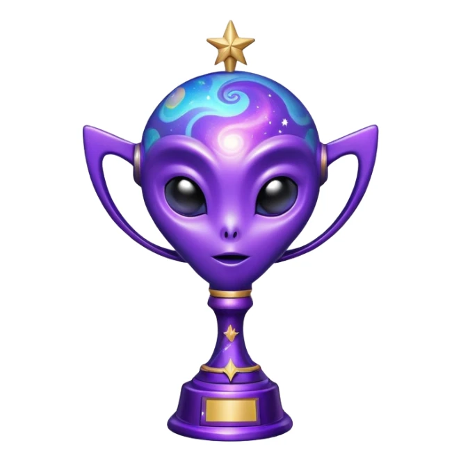 An alien trophy with cosmic colors, deep purples and blues, galaxy swirls, and tiny stars embedded in the design sticker
