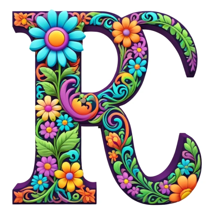 3D, gothic style psychedelic colored Letter “I” with hippie style flower border sticker