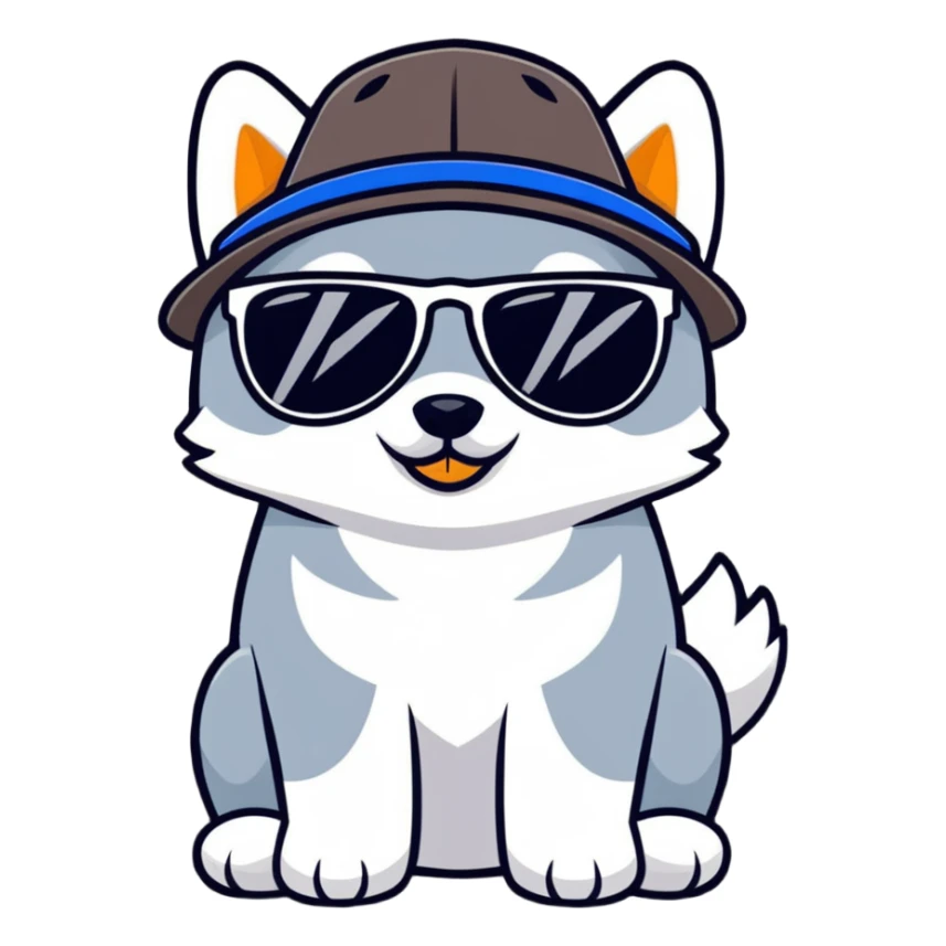 Husky dog wearing black sunglasses and a hat with duck pattern sticker