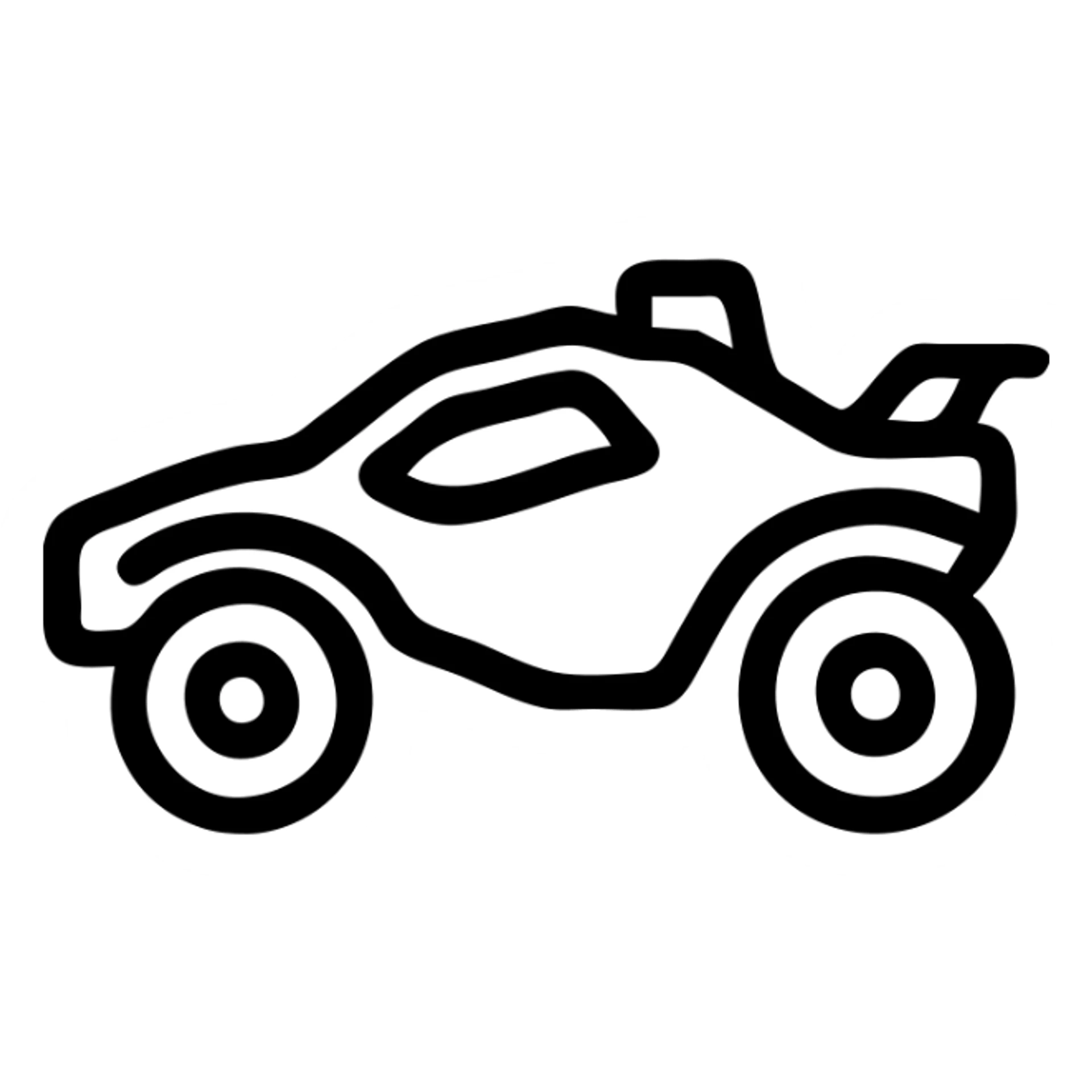 minimalistic Twitch badge, Octane car silhouette with thick black outline, bold orange and blue boost flames, extra high contrast for maximum visibility at tiny sizes, no gradients, solid shapes, modern style sticker