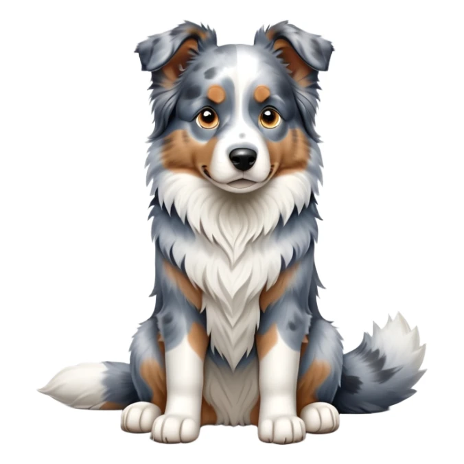 cinematic-[australian shepherd dog]-realistic-full-body-sitting-emoji,-tail-resting-loosely-beside-its-paws,-head-tilted-dramatically,-scruffy-[blue merle]-fur,-simplified-yet-realistic-focused-features,-highly-detailed,-glowing-with-an-almost-sarcastic-glow sticker