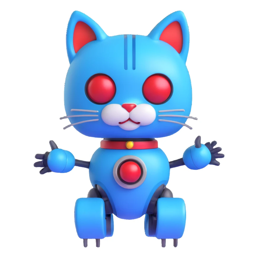 Doraemon character, blue robotic cat with a red nose and bell, 3D emoji style sticker