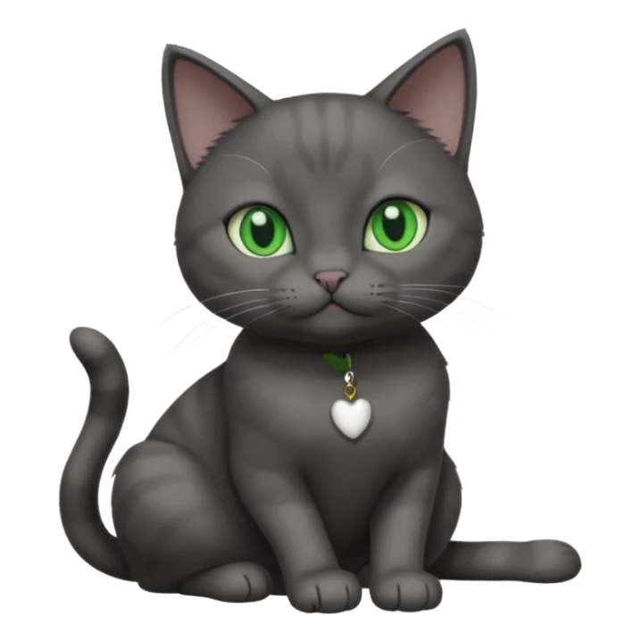 beautiful female solid dark grey cat with green eyes, white toes/paws and white patch on her chest playing sticker