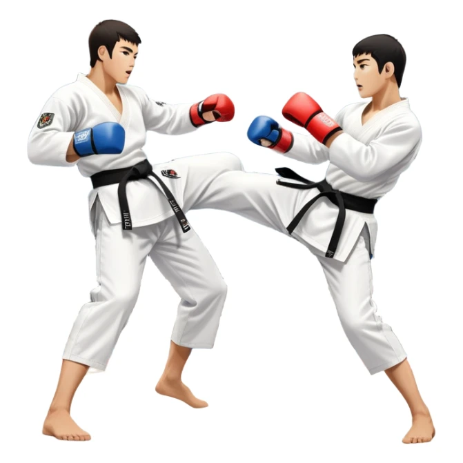 Two taekwondo fighters in traditional white doboks with black belts. One delivers a powerful kick, while the other defends by blocking with his knee. The background shows a professional arena with bright lights and an excited crowd. Transparent background highlights the intense action sticker
