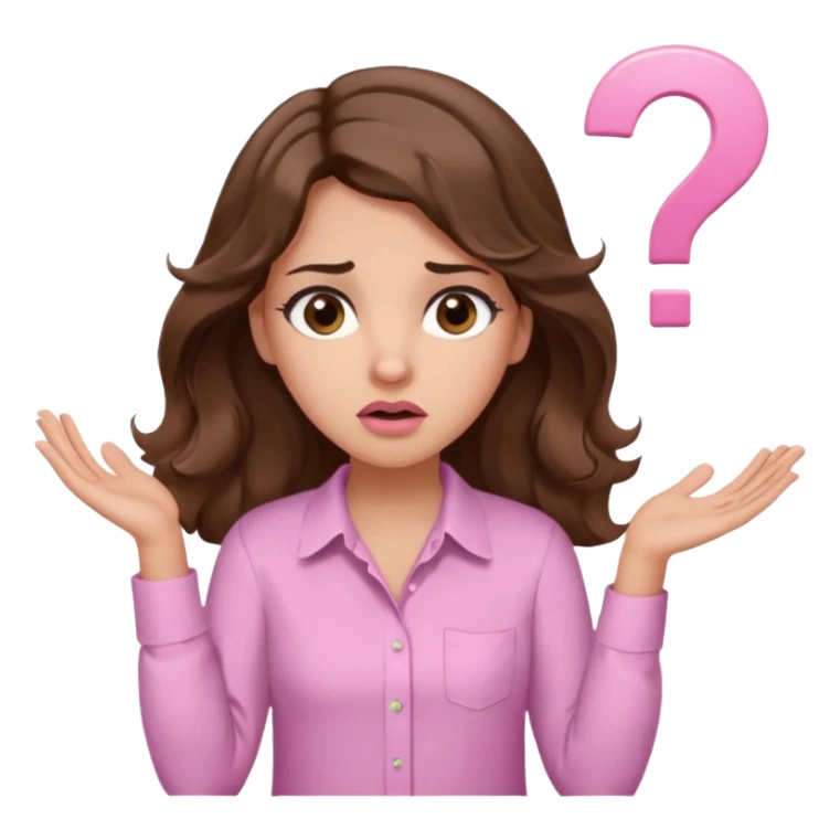 girl with wavy long brown hair, brown eyes, light to medium complexion, long lashes, light pink lipstick, wearing light pink shirt, shrugging with both hands, confused, question mark sticker