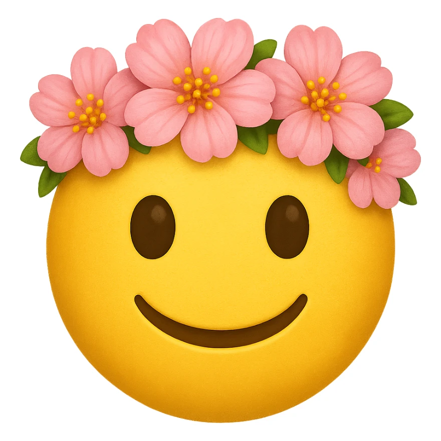 yellow face with pink flower crown emoji, digital illustration sticker