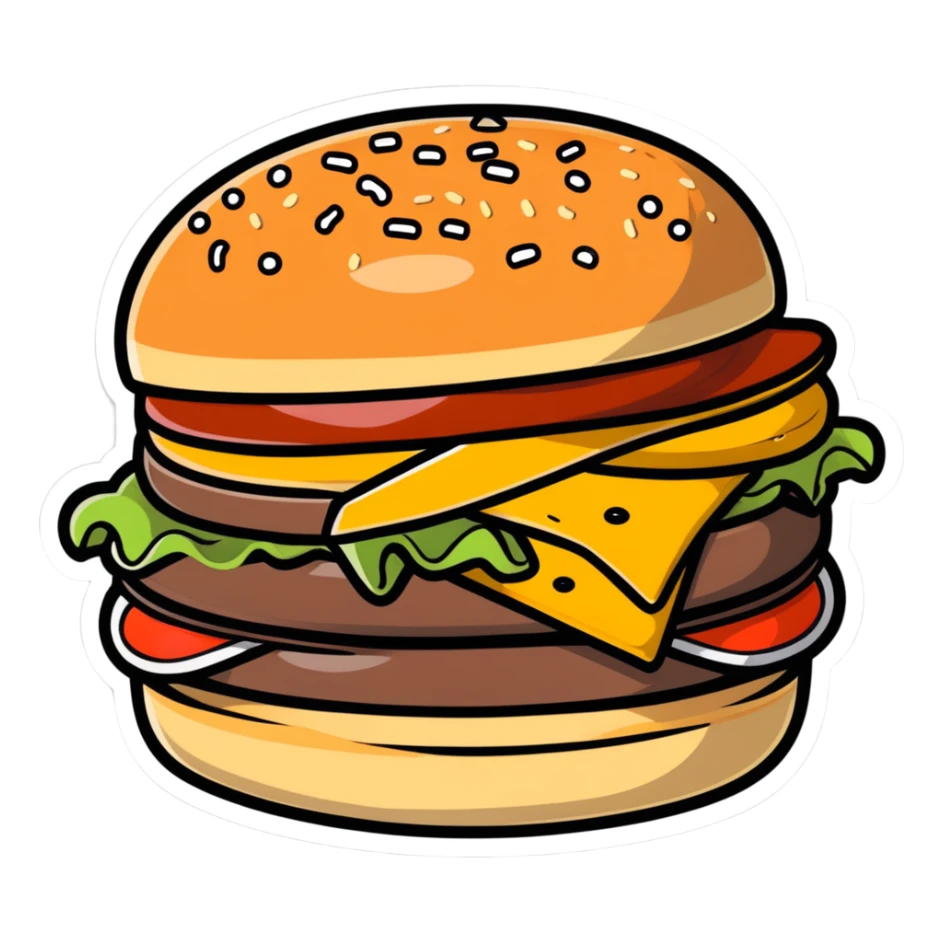 burger de chez Quick with soft bun, steak, cheese, sauce, cartoon sticker style sticker