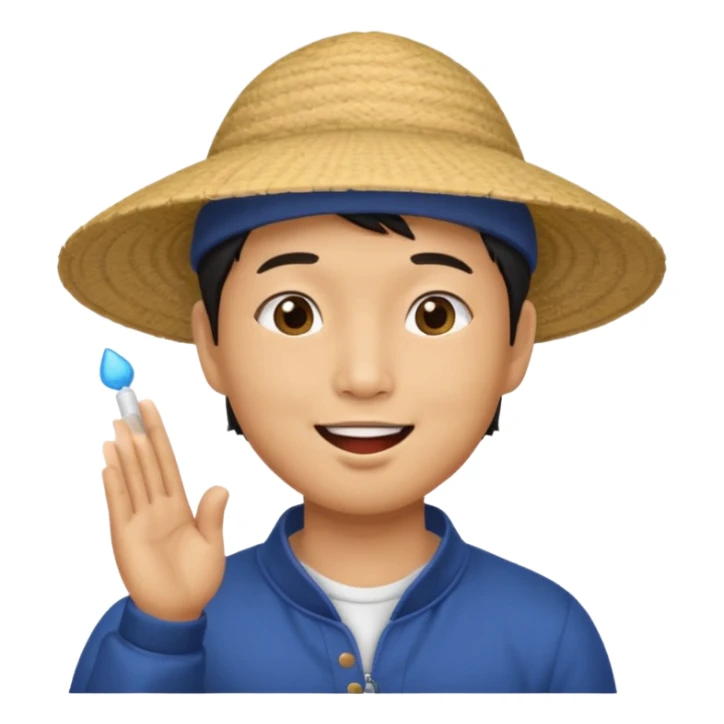 asian man in asian hat blowing a liss sticker