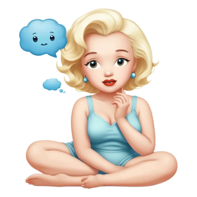 Marilyn Monroe sitting and dreaming about children with a thought bubble above her head showing a baby ￼ sticker