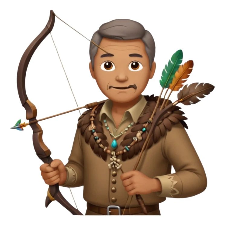 The classic image of a middle-aged uncle hunter carrying a bow, dressed in brown clothes, with some ornaments made of feathers, bones or teeth on his body. sticker