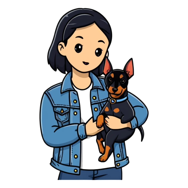 girl in denim jacket holding a Doberman dog sticker